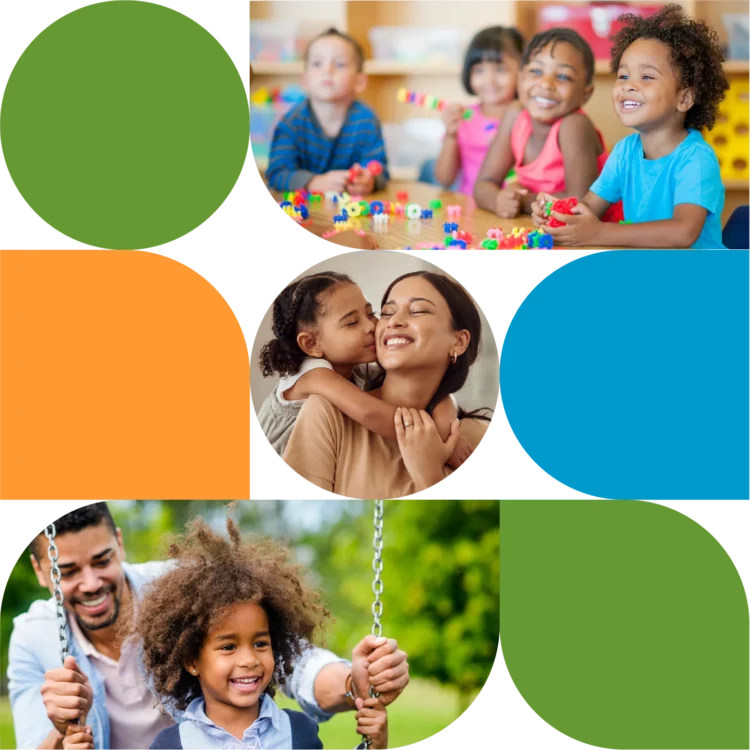 Collage of green, orange and blue geometric shapes and young children in school and with their parents
